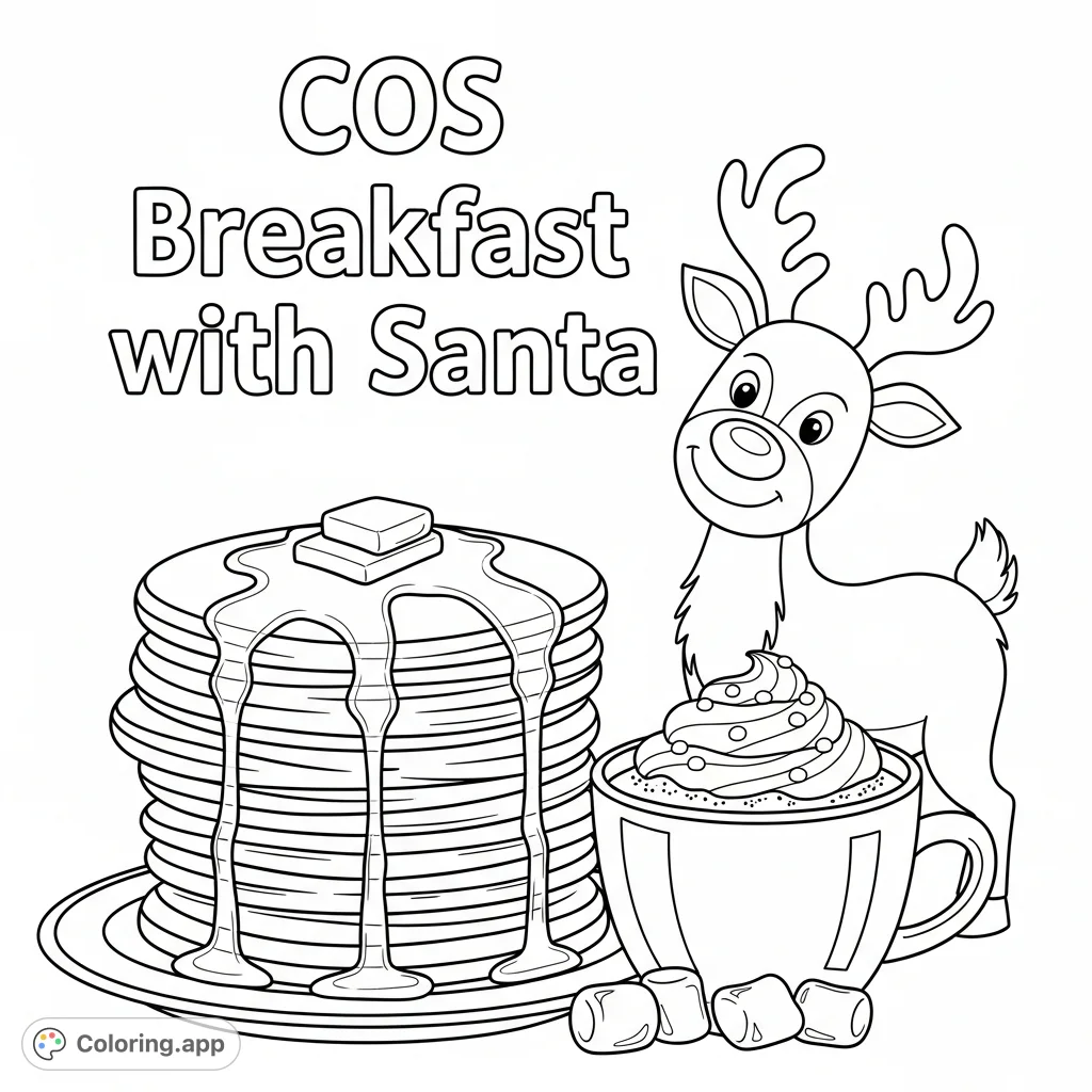 A delightful coloring page featuring pancakes, hot cocoa, and a friendly reindeer with "COS Breakfast with Santa" text, perfect for kids.