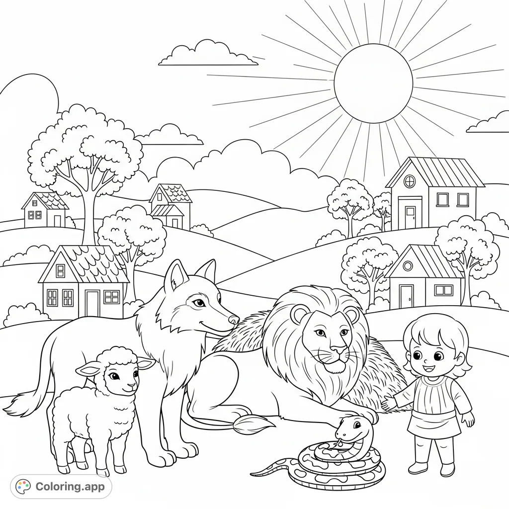 A heartwarming scene of animals and a child living in peace, illustrating God's promise from Isaiah 65. Perfect for teaching trust and harmony.