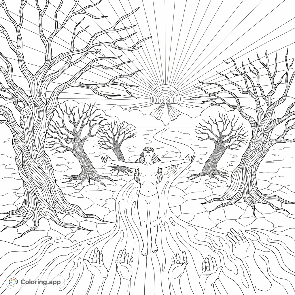A serene Romans 8:12-25 inspired coloring page depicting a yearning figure amidst creation, looking towards a hopeful horizon. Perfect for reflection.