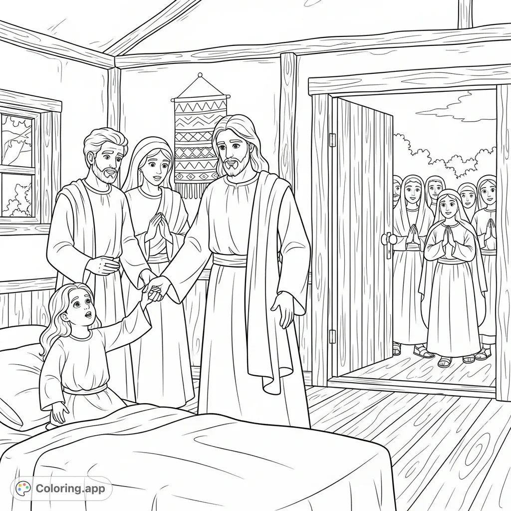 Witness Jesus performing two powerful miracles: raising a young girl from her bed and healing a woman by faith. A touching scene of divine compassion and restoration.
