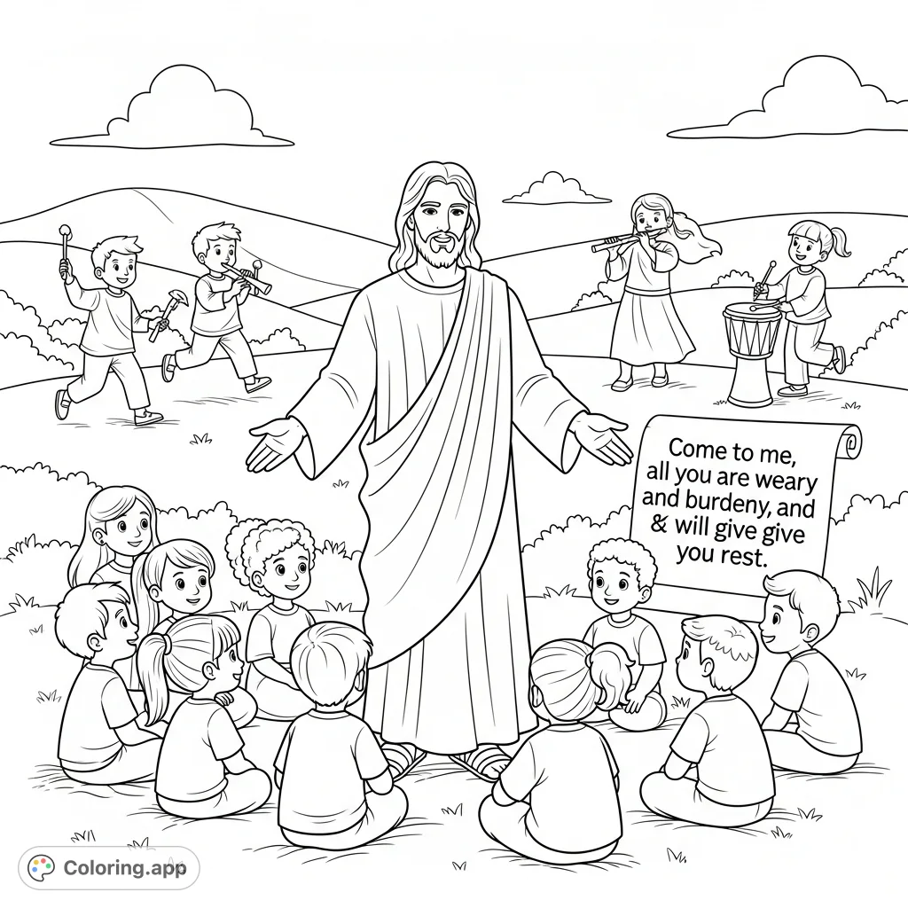 A serene Bible verse coloring page featuring Jesus inviting children, with scenes of play and wisdom. Find rest and peace in this Matthew 11 coloring page.