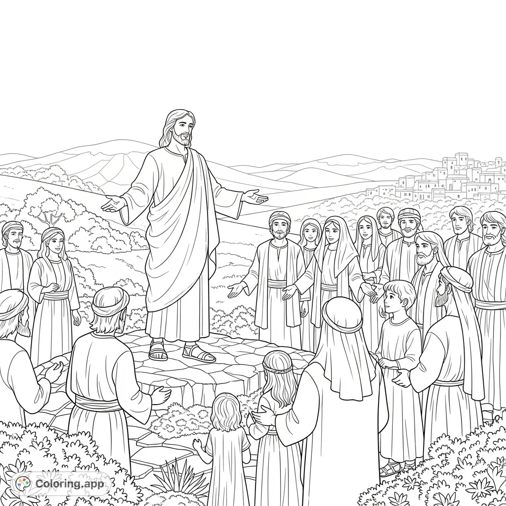 A serene Jesus teaching a crowd, emphasizing love and connection. This inspirational coloring page offers a chance for reflection and creativity.