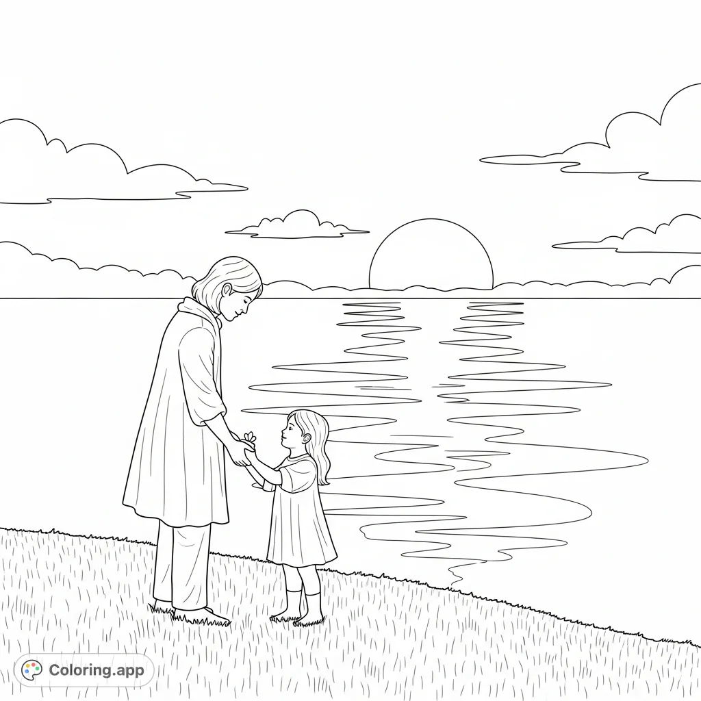 A heartwarming scene depicting two figures sharing kindness by a tranquil water's edge at sunset, inviting contemplation and creative expression.