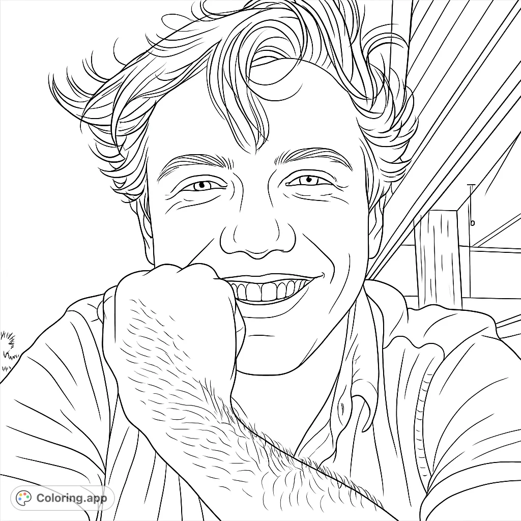 A cheerful man with a wide smile and messy hair, captured in a close-up portrait. Perfect for a relaxing coloring experience.