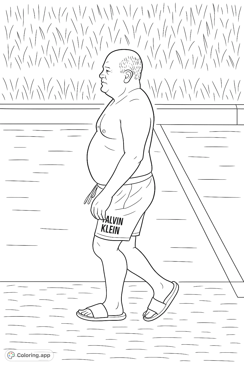 A humorous coloring page featuring a shirtless man with a prominent belly, wearing swim shorts and flip-flops, walking casually outdoors.