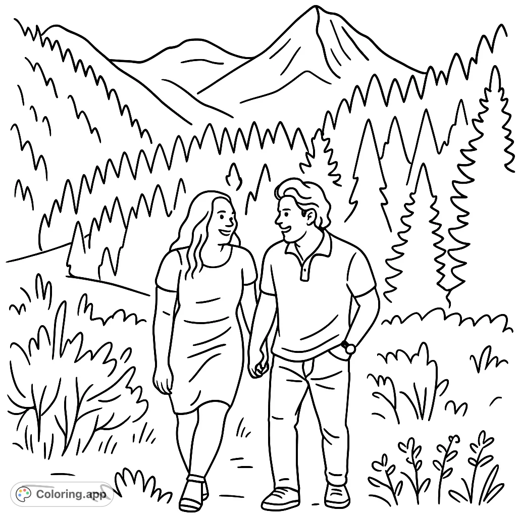 A romantic mountain path coloring page featuring a couple walking hand-in-hand amidst a scenic forest and majestic peaks. Perfect for nature lovers.