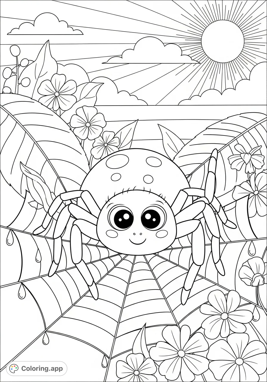 A charming, smiling spider waves from its intricate web, surrounded by lush leaves, blooming flowers, a cheerful sun, and fluffy clouds. Perfect for young colorists!