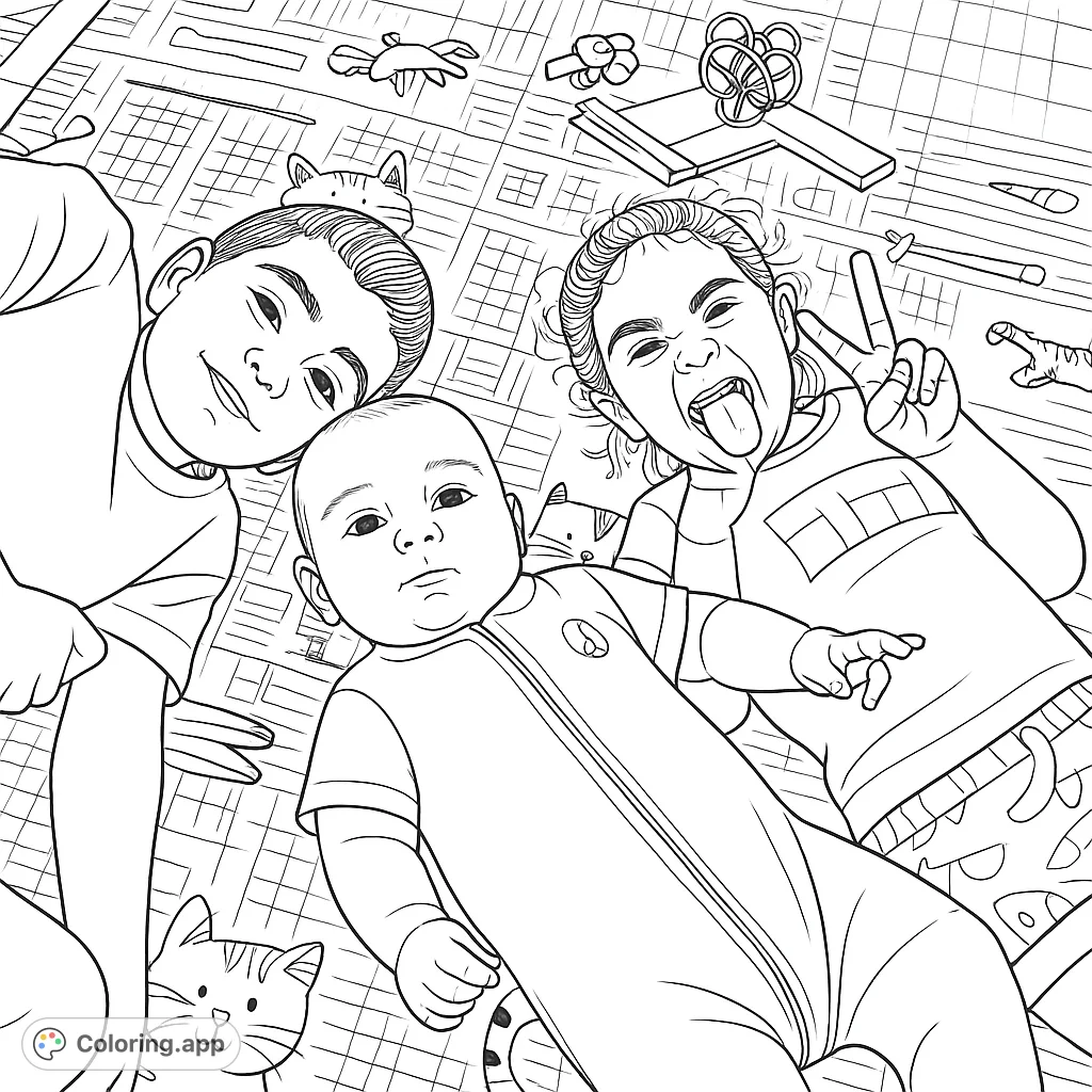 Capture a heartwarming moment with three siblings on a fun playmat. A boy, a baby, and a girl making a silly face offer a delightful scene to color.