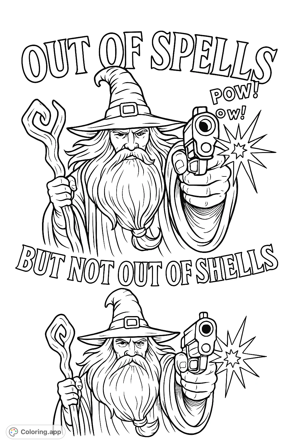 A stern wizard, holding a gnarled staff and a device emitting a starburst, is featured with bold text. A fun fantasy wizard coloring page.