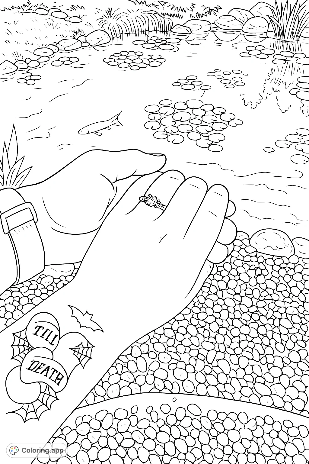 A serene coloring page featuring two hands, one adorned with a ring and a tattoo, clasped gently by a tranquil pond with lily pads and swimming fish.