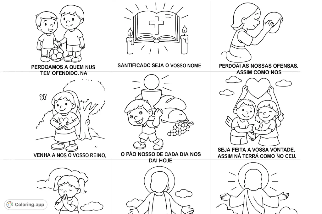Eight charming cartoon panels illustrating themes of forgiveness, prayer, sharing, and kindness. Perfect for teaching virtues to young hearts.