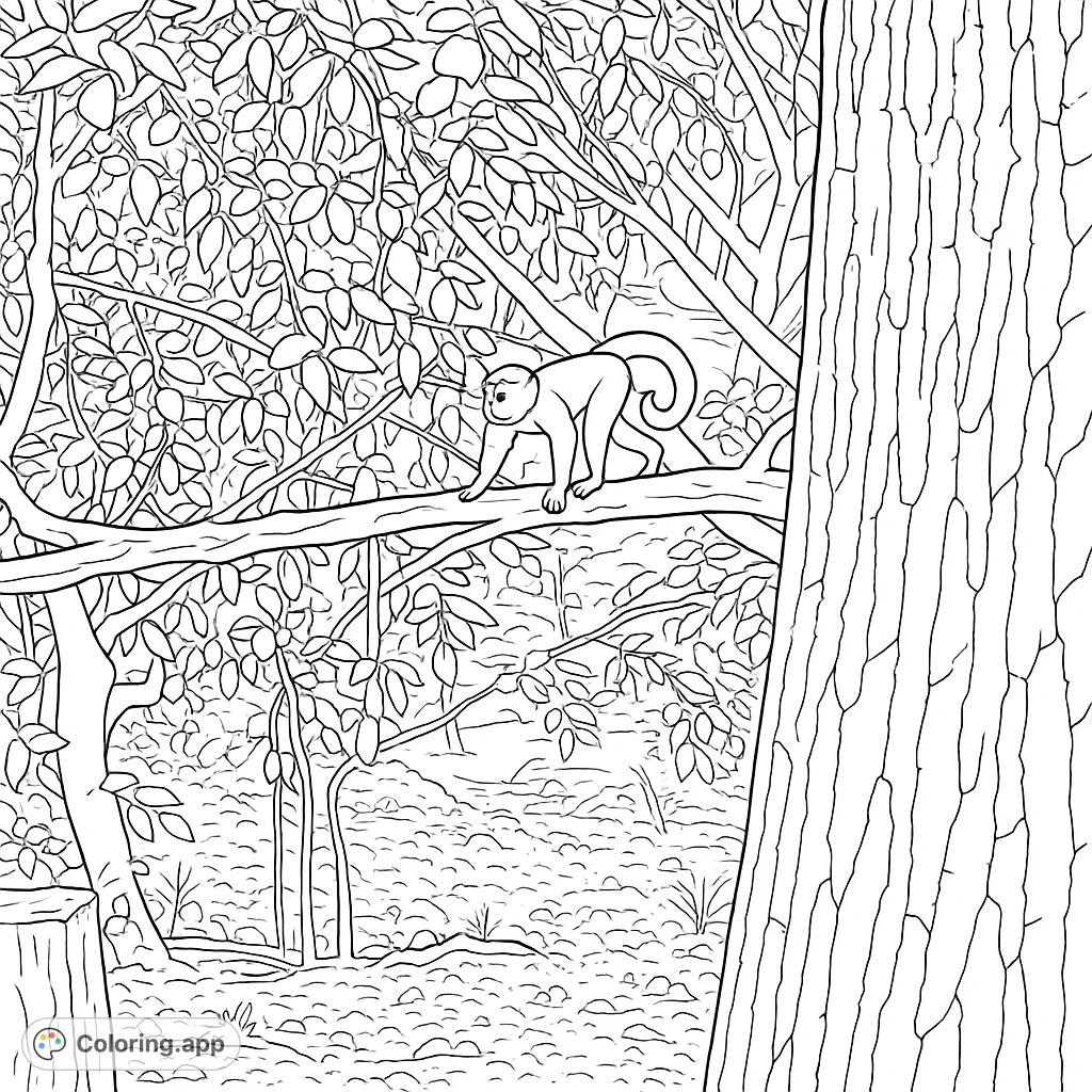 A curious monkey explores a dense forest canopy, walking along a branch. Perfect for nature lovers and animal enthusiasts to bring to life with vibrant colors.