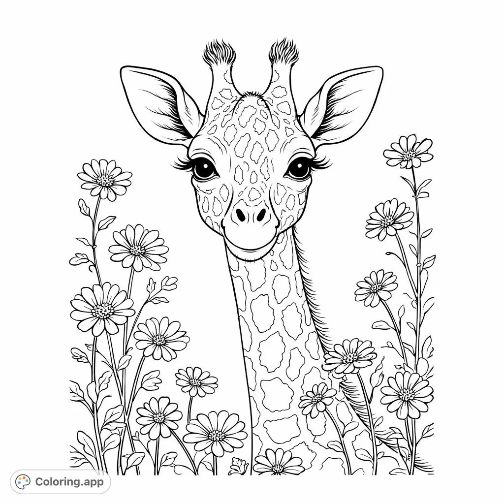 Discover an adorable baby giraffe nestled among a field of intricate blooms, perfect for detailed coloring and bringing a charming nature scene to life.