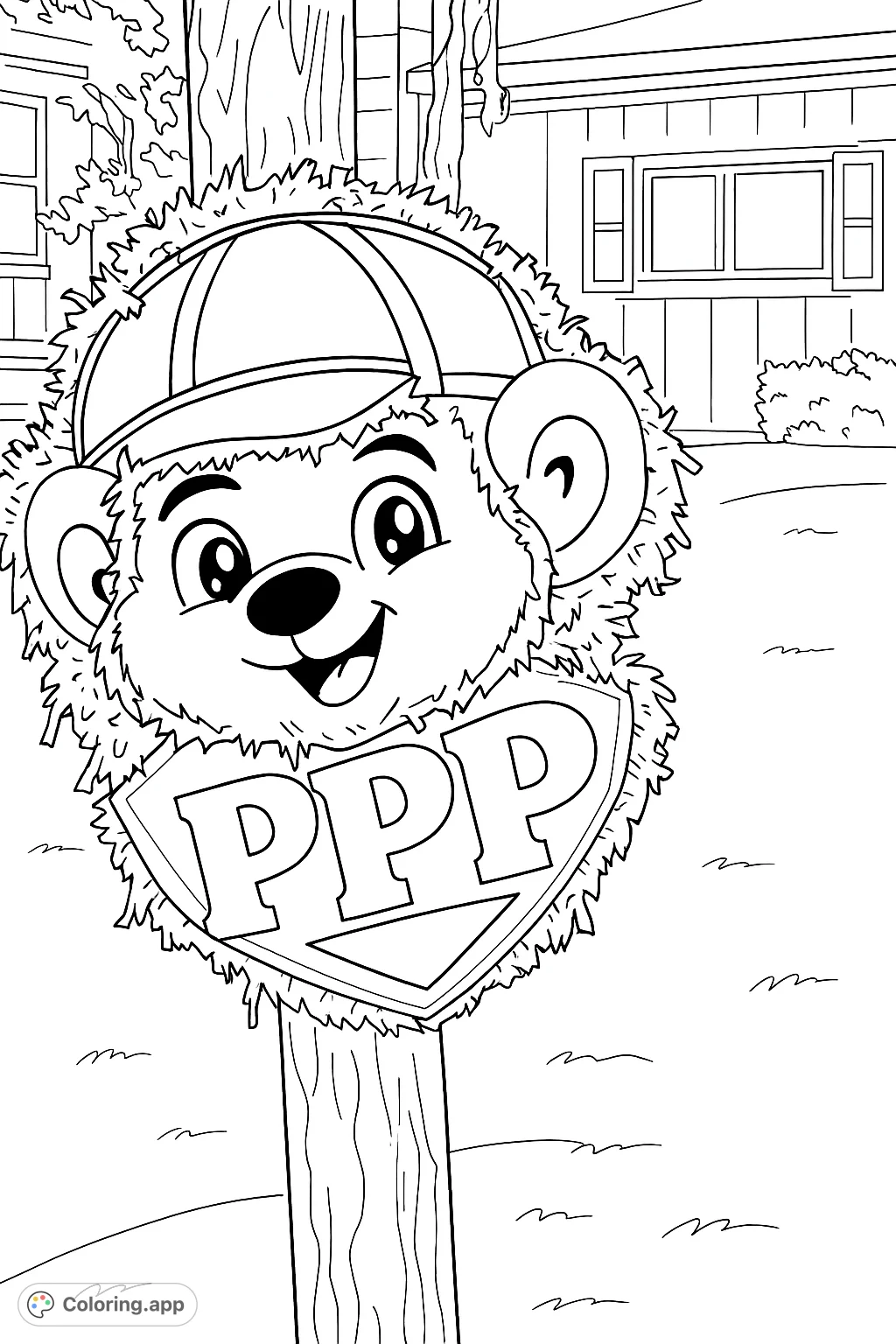 A cheerful character piñata with a baseball cap and a unique emblem, ready for a festive coloring adventure. Perfect for celebrations!