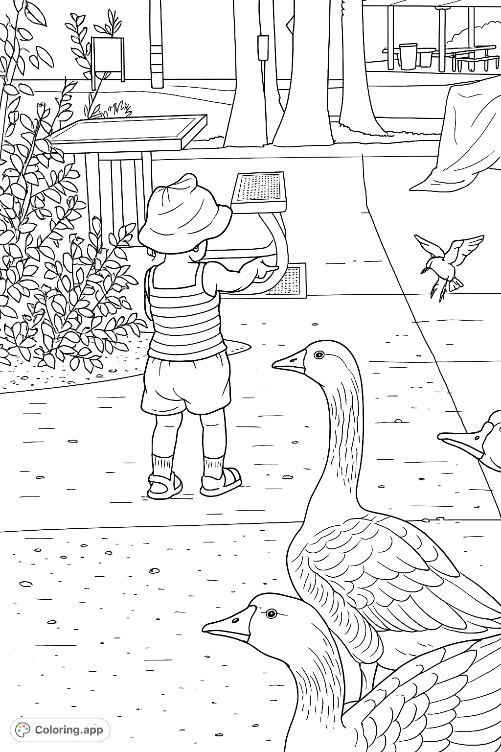 A charming park scene featuring a child observing geese and a bird in flight, surrounded by trees and picnic tables. A delightful nature adventure.
