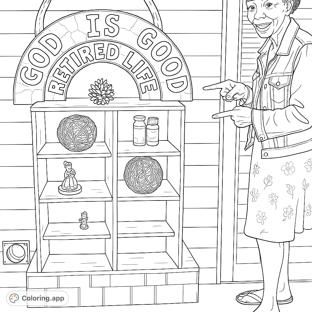 A smiling person proudly displays a handmade shelf unit celebrating retirement, adorned with decorative objects and a positive message. A unique retirement coloring page.
