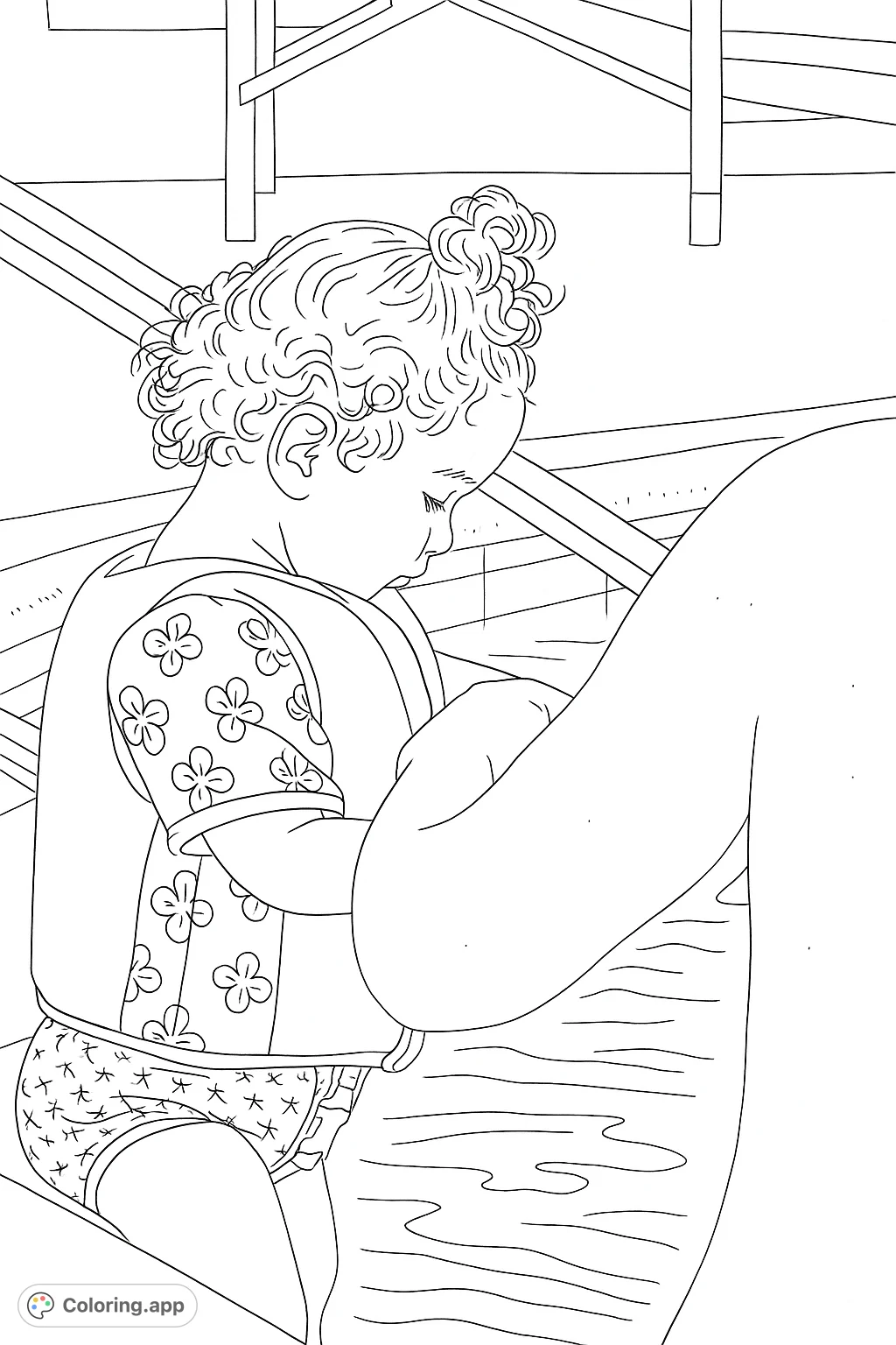A sweet child in a life vest stands by the pool, ready for a swim. Perfect for a relaxing coloring activity.