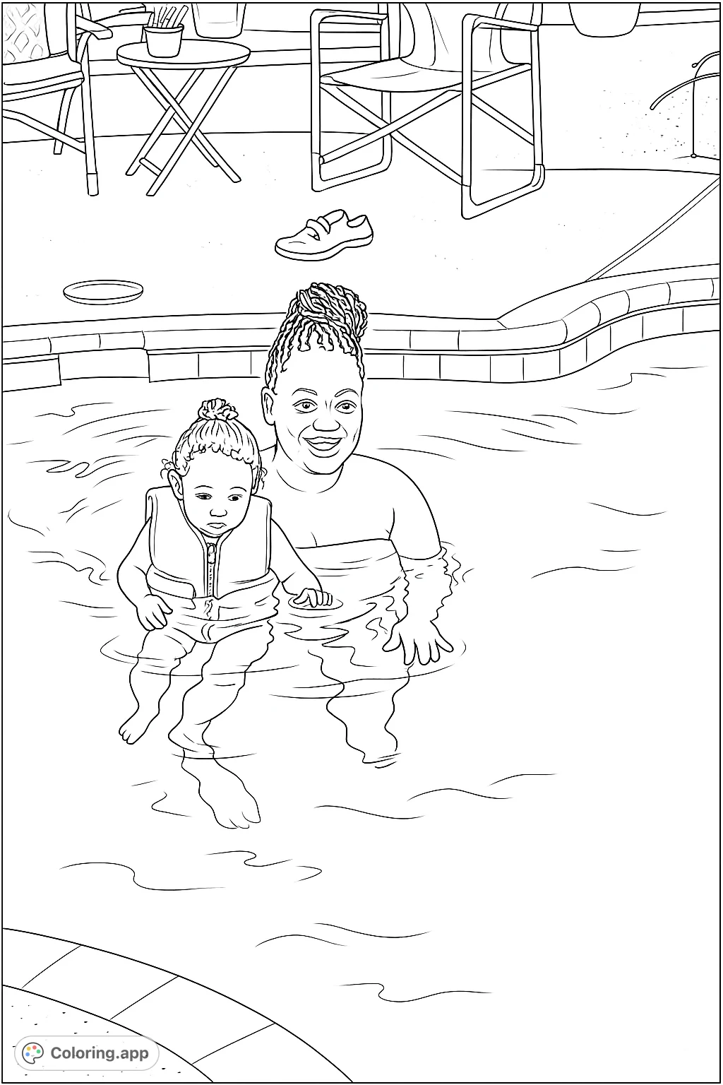 A heartwarming scene of a mother and child enjoying a refreshing swim in a pool, perfect for a relaxing coloring experience.