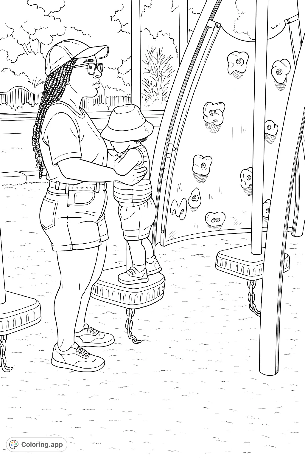A heartwarming playground scene featuring an adult and child enjoying outdoor play. Perfect for a fun and engaging coloring activity.