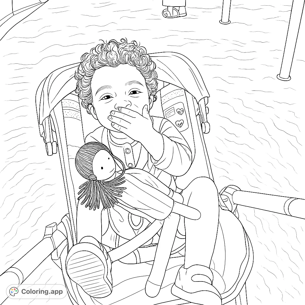Capture a moment of pure joy with this delightful coloring page featuring a smiling child and their beloved doll in a cozy car seat. Perfect for young artists!