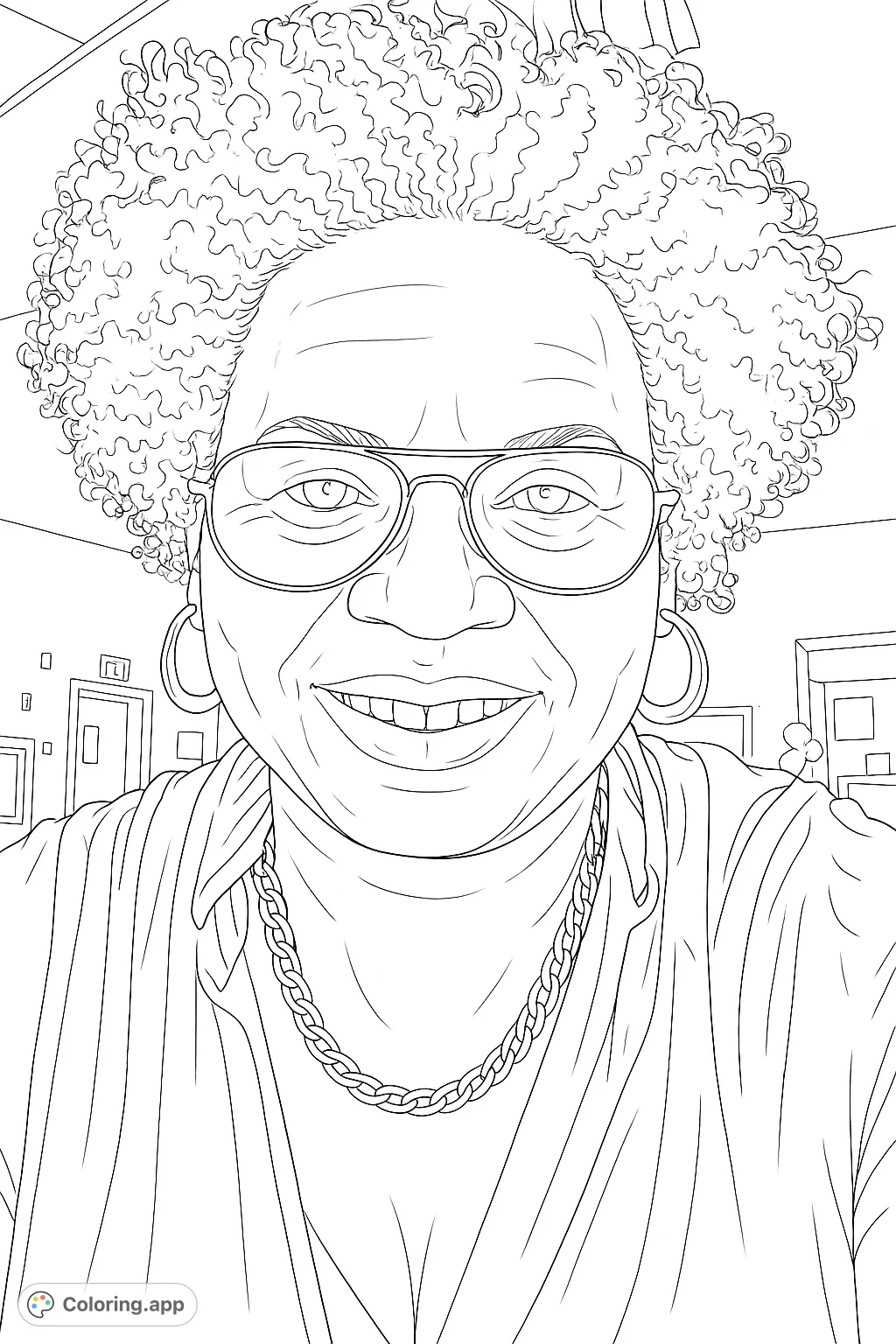 A stylish portrait featuring a person with curly hair, aviator sunglasses, and a bold chain necklace. Perfect for fashion-forward coloring enthusiasts.
