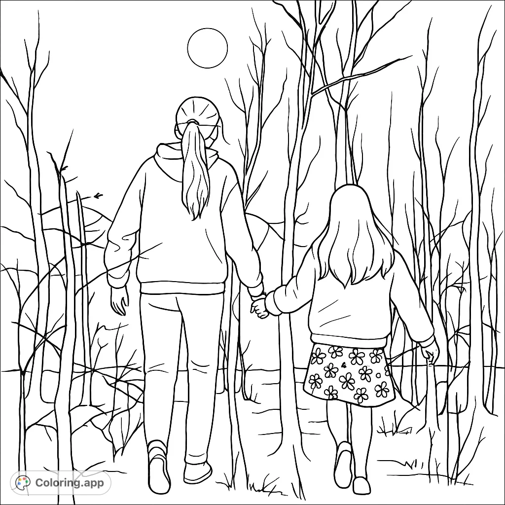 Two figures explore a dense, bare forest with a glowing light, surrounded by intricate branches. A mysterious and adventurous scene.
