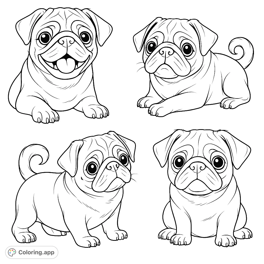 Four charming pug puppies in various poses, ready for a splash of creativity. A delightful animal coloring page for all ages.
