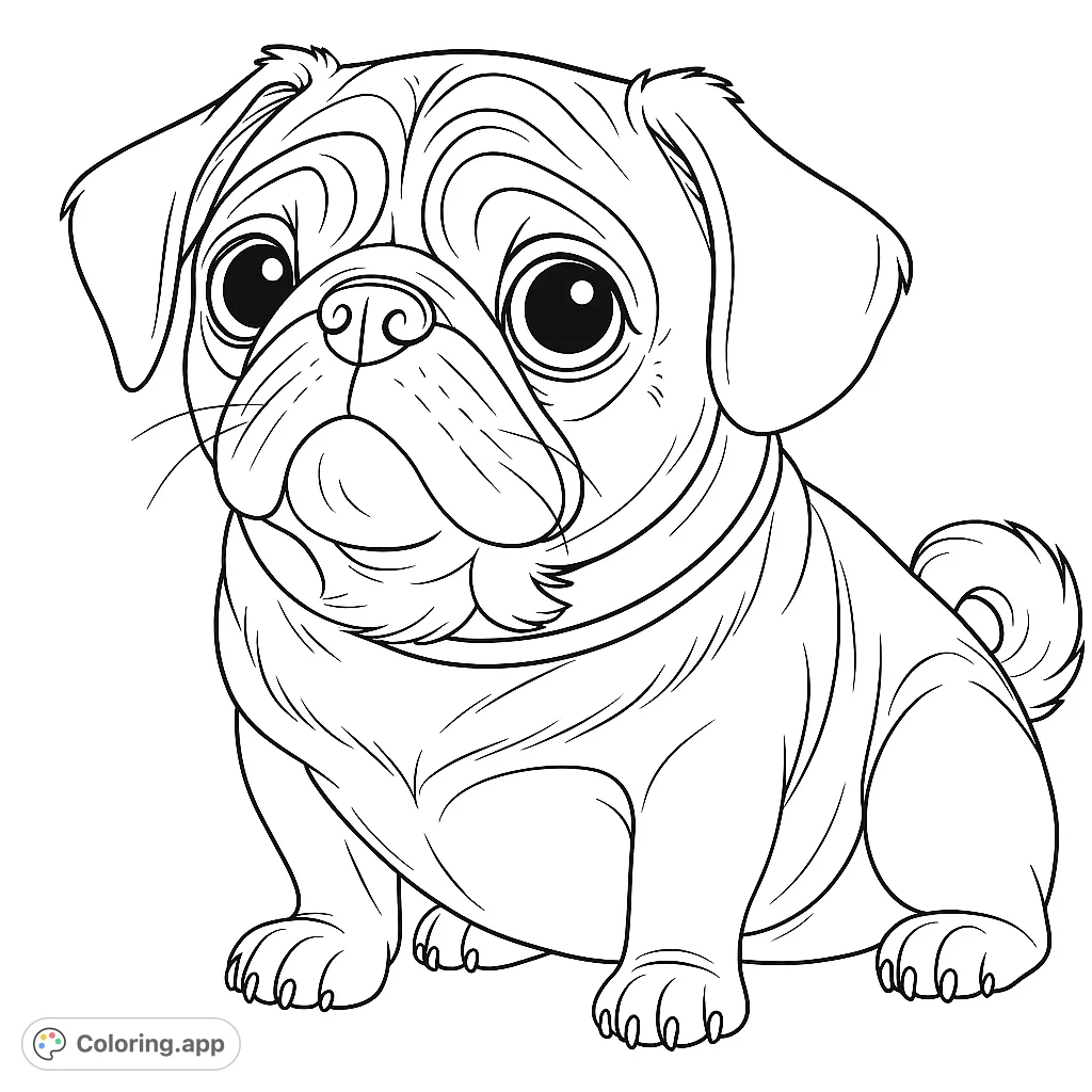 A delightful pug puppy sits patiently, showcasing its charming wrinkles and expressive eyes. Perfect for dog lovers of all ages to color and enjoy.