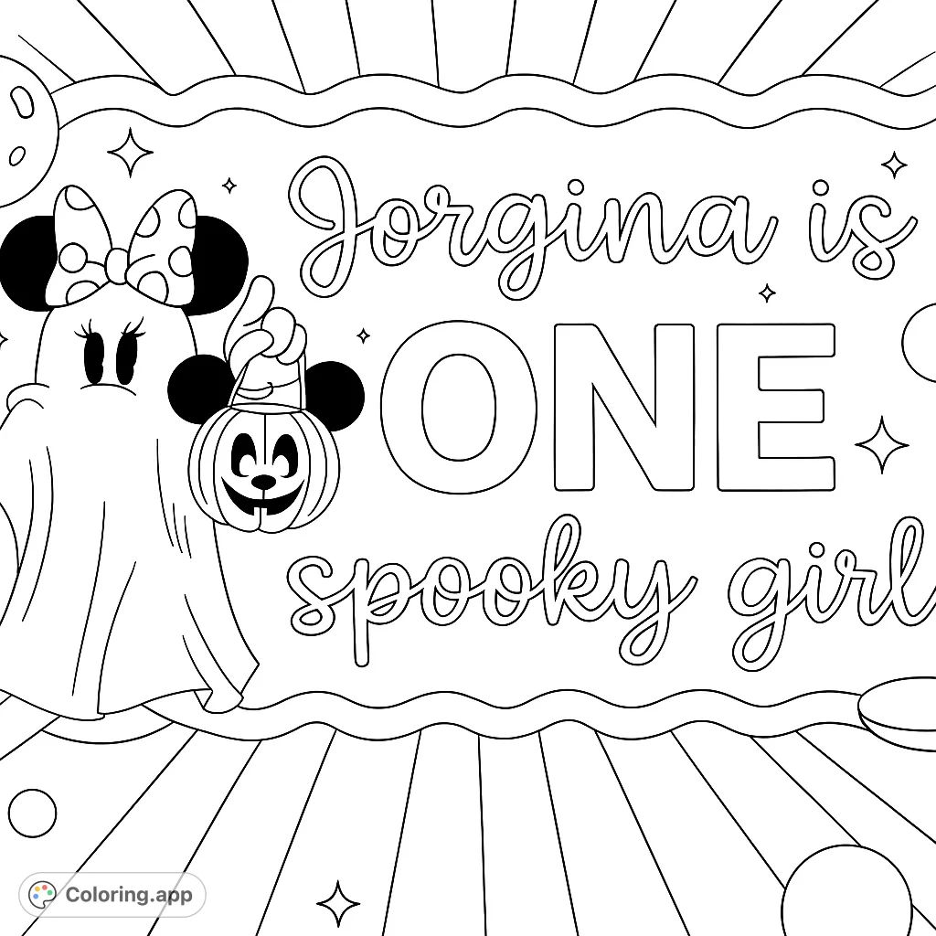 A cute mouse character dressed as a ghost, holding a pumpkin bucket, surrounded by festive text and stars. Perfect for spooky season fun!