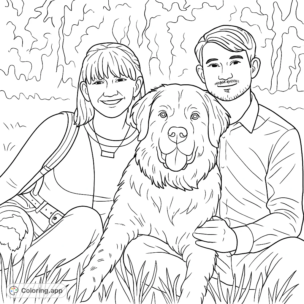 Capture a heartwarming moment with this family portrait coloring page featuring a couple and their beloved large dog sitting together in a natural setting.