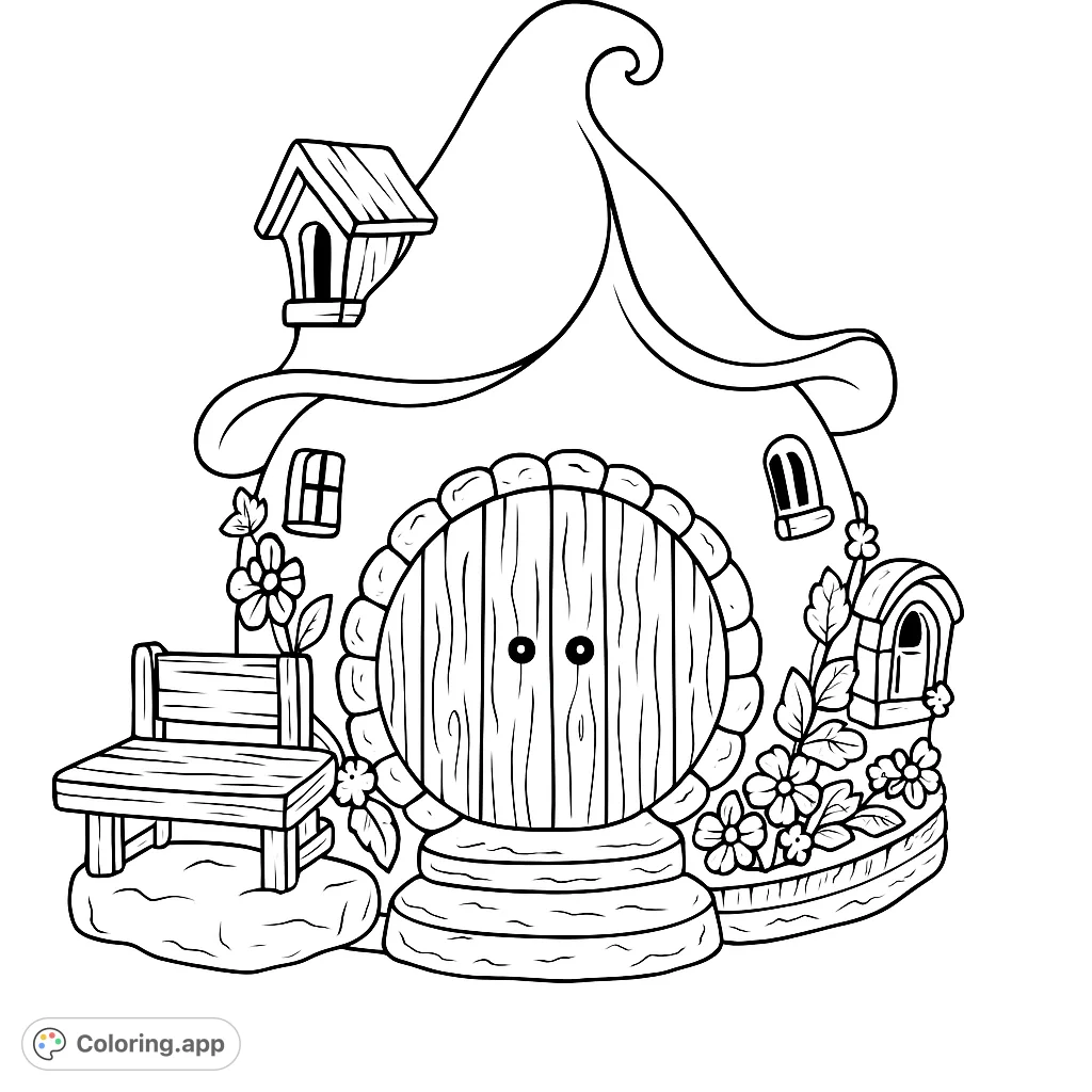 Step into a magical world with this enchanting fairy house coloring page, featuring a charming dwelling, a tiny bench, and delicate floral details.