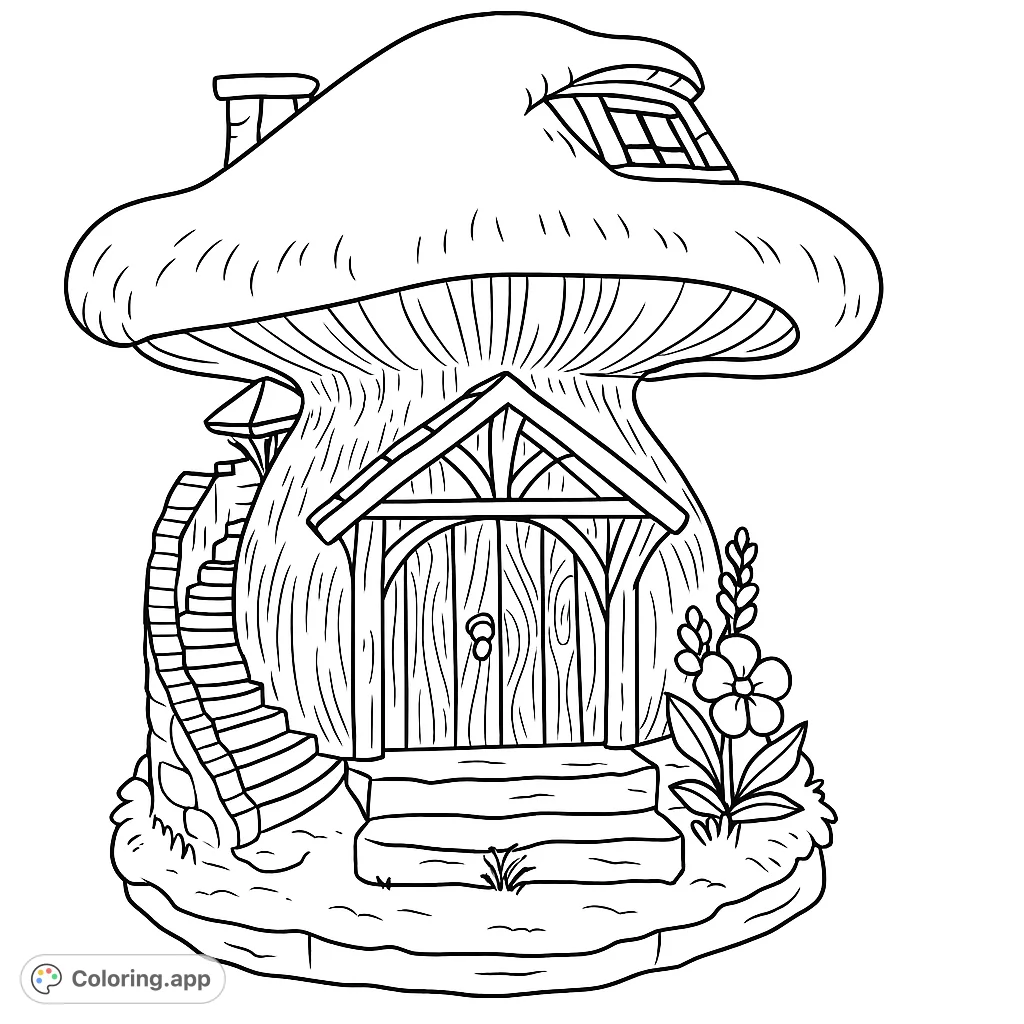 Explore a charming mushroom fairy house with a textured cap, wooden door, winding stone staircase, and delicate floral details. Perfect for imaginative coloring.