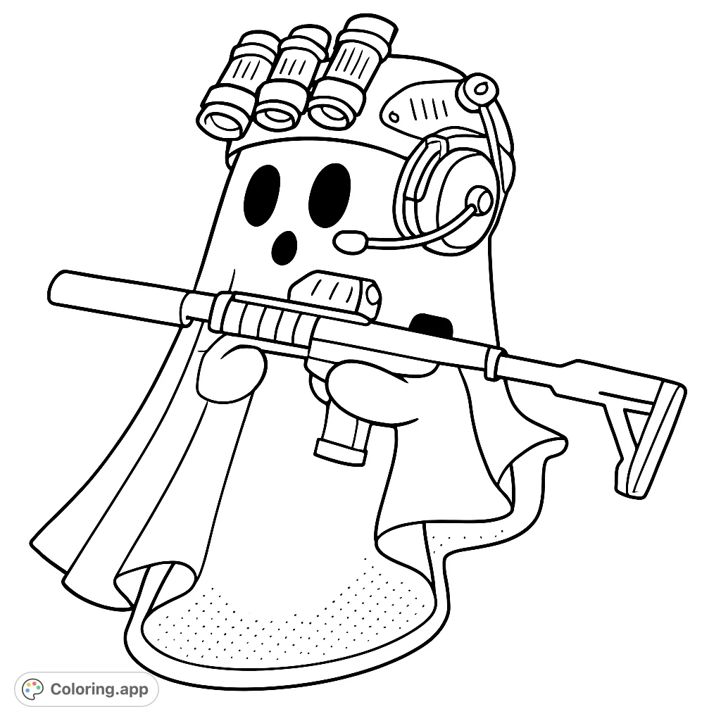 A unique coloring page featuring a ghost figure in tactical gear, complete with helmet, night vision, and a rifle. A blend of the spectral and military.