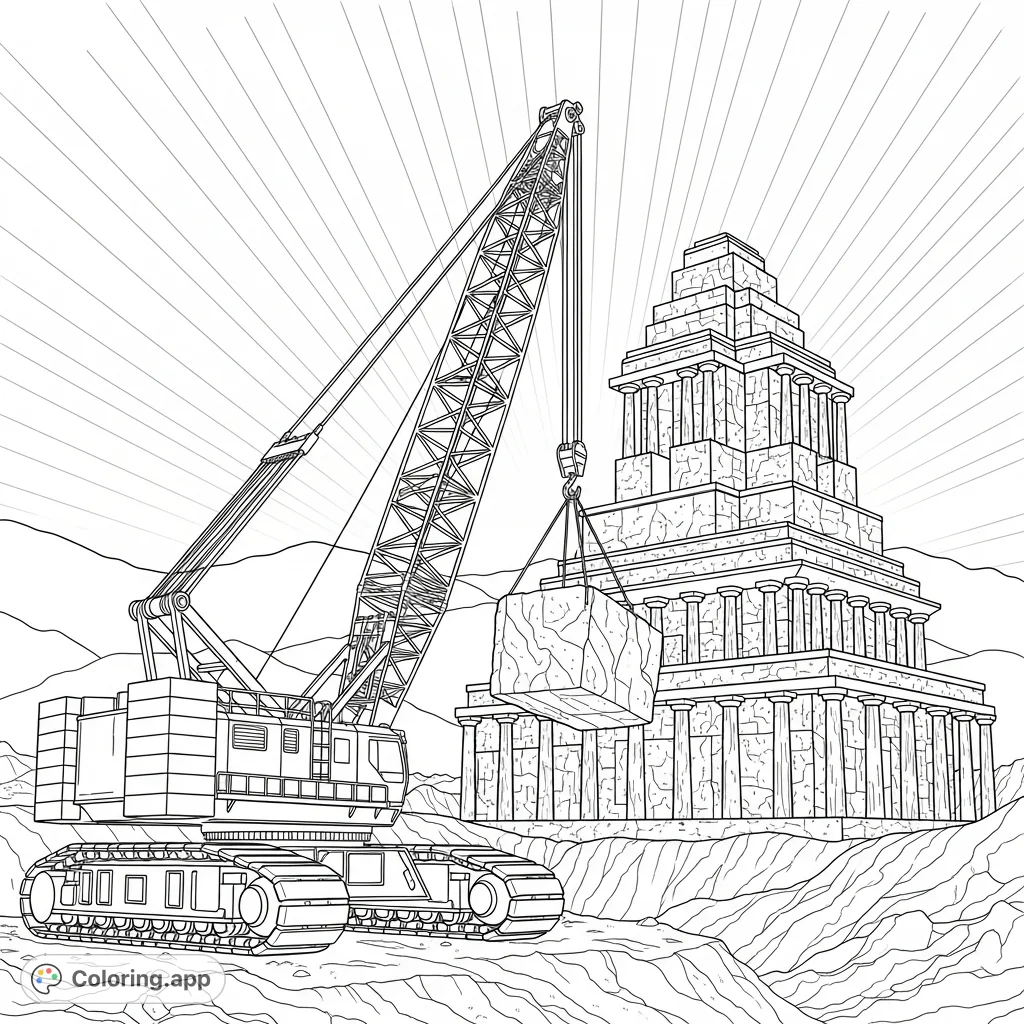 Witness a powerful crawler crane meticulously constructing a unique temple from textured coal blocks amidst the rugged West Virginia landscape. A detailed industrial scene.
