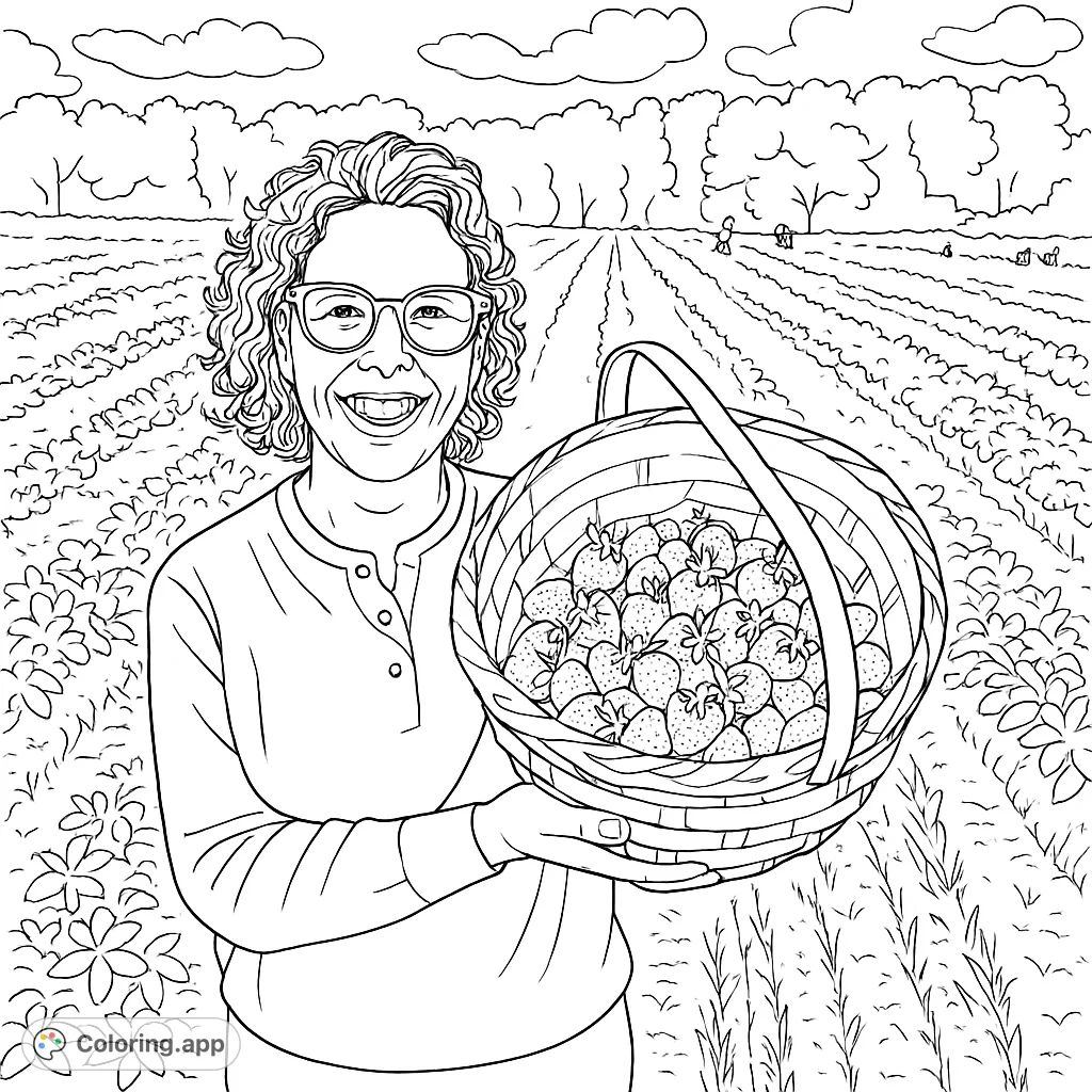 A smiling person holds a basket overflowing with freshly picked fruits in a vast field, with rows of plants stretching into the distance under a cloudy sky.