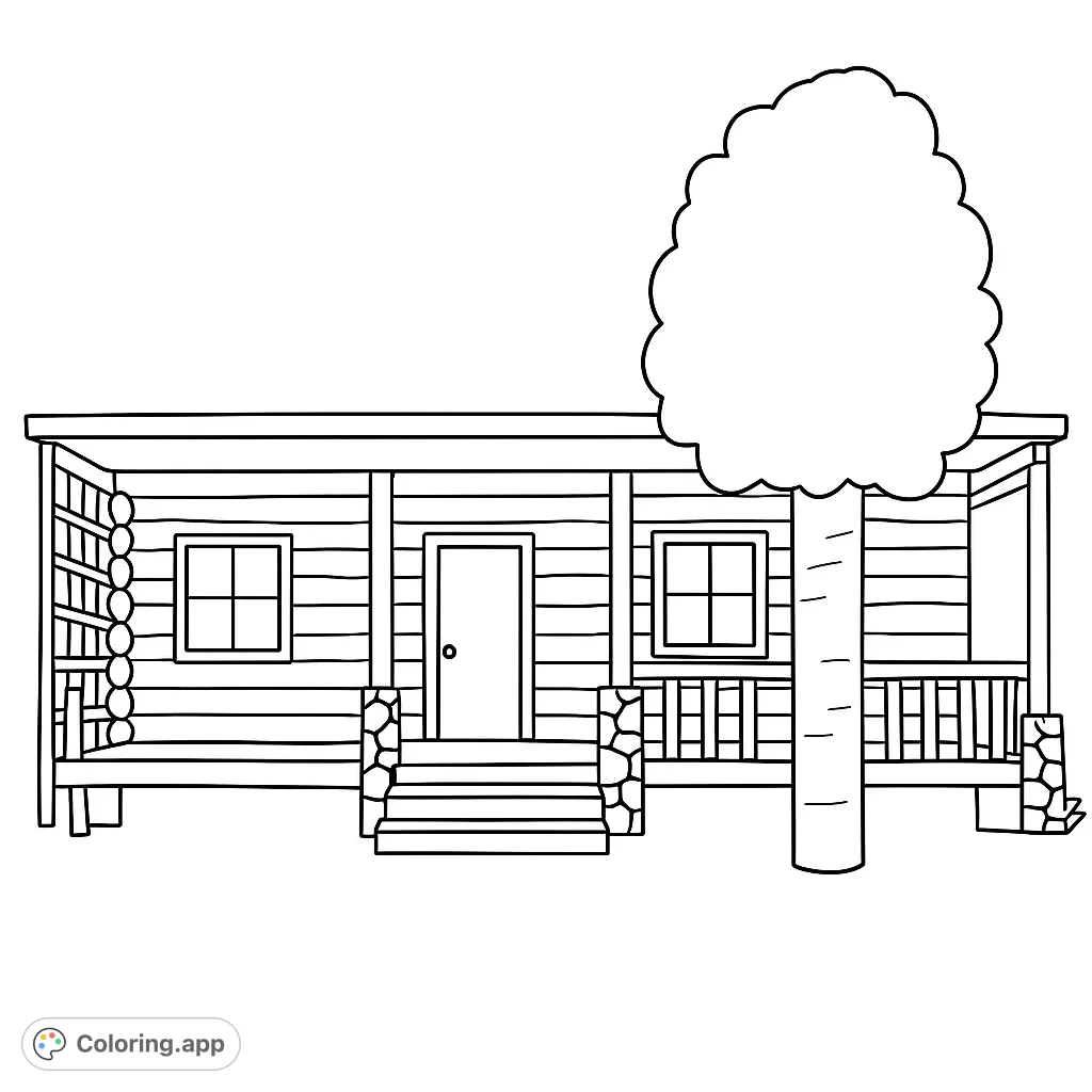 A charming rustic cabin with a welcoming porch, perfect for a peaceful escape into nature. Ideal for all ages seeking a cozy coloring adventure.