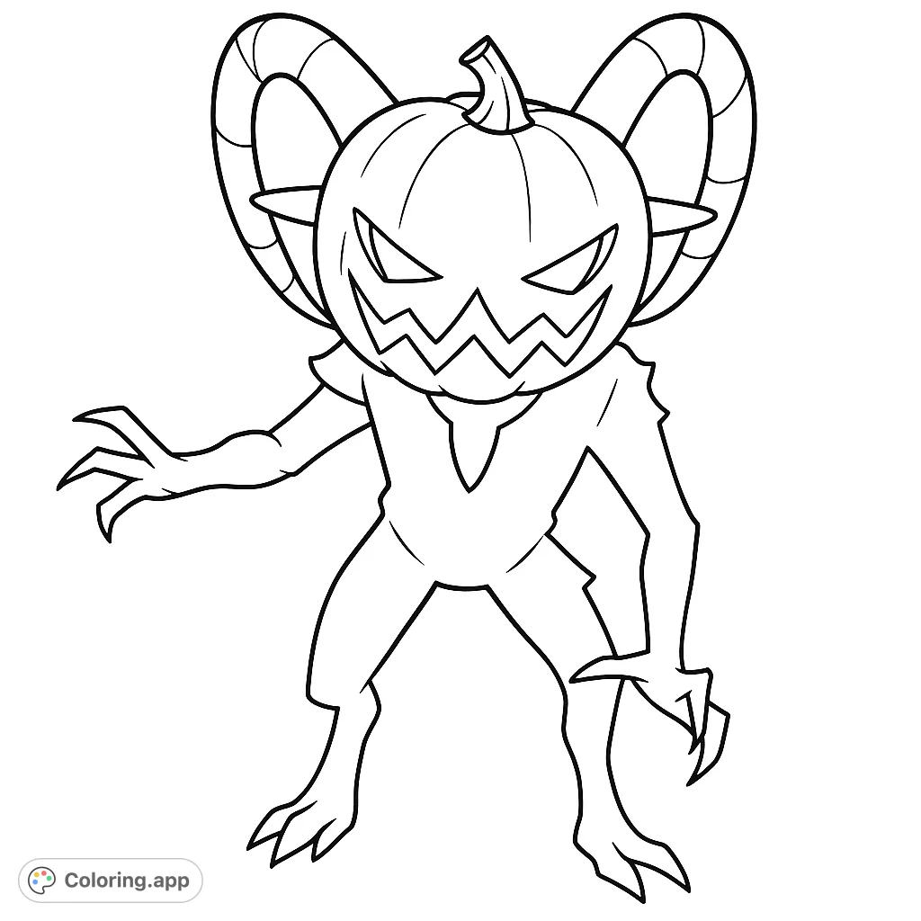 A spooky pumpkin-headed figure with clawed hands and a carved face, perfect for a thrilling Halloween coloring adventure. Unleash your creativity!