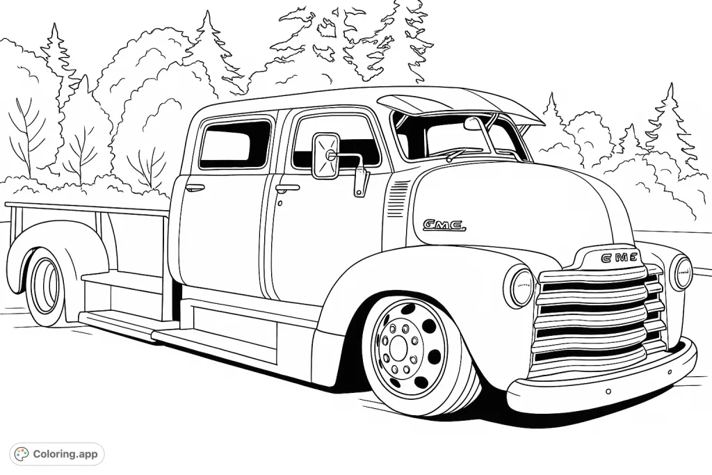 Color a vintage crew cab pickup truck with a custom lowered stance, detailed grille, and classic lines, set against a natural backdrop.