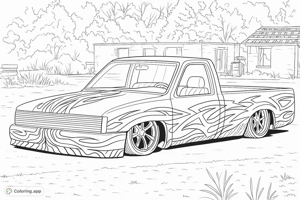 A custom low rider pickup truck featuring intricate flame and zebra stripe patterns, perfect for car enthusiasts to personalize with vibrant colors.