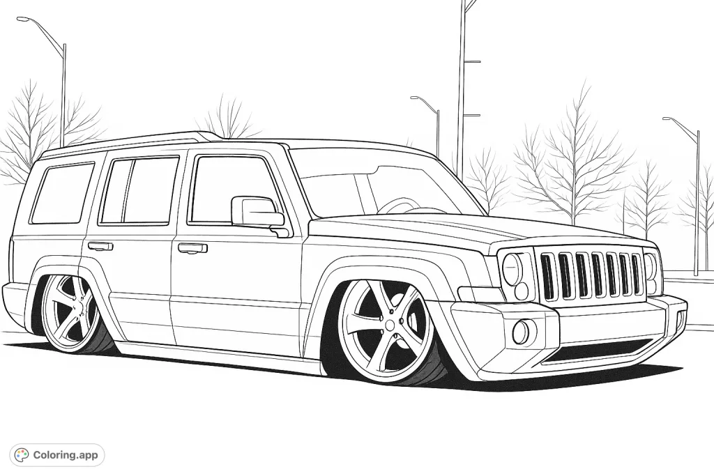 Color a sleek, custom lowered SUV with large wheels and a distinctive grille, parked outdoors. Perfect for car enthusiasts and creative minds.
