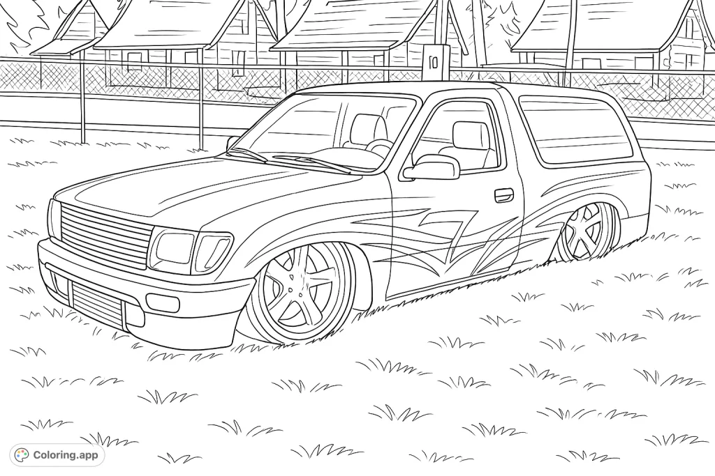 A sleek, custom lowered SUV with intricate side graphics, parked on a grassy field. Perfect for vehicle enthusiasts and detailed coloring.