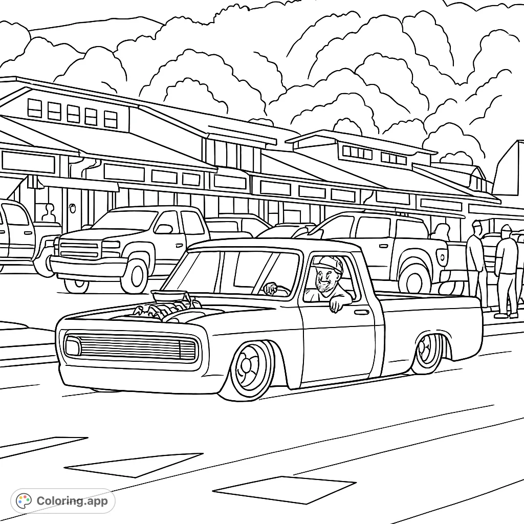 Cruise down memory lane with this custom lowrider pickup truck coloring page. Features a sleek design, exposed engine, and a scenic street background.