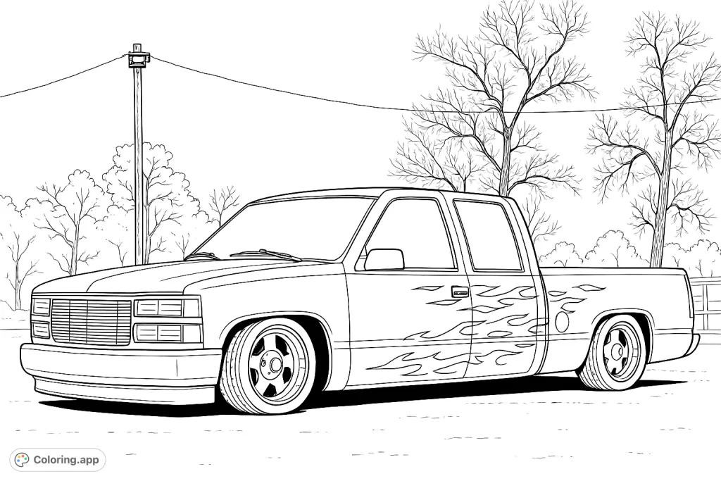Unleash your creativity on this custom lowrider pickup truck coloring page, featuring unique flame patterns and polished wheels.