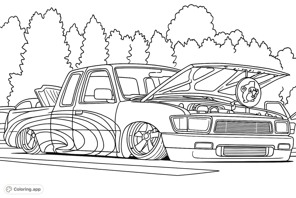 Detailed custom pickup truck with an open hood and intricate side patterns, perfect for car enthusiasts to color.