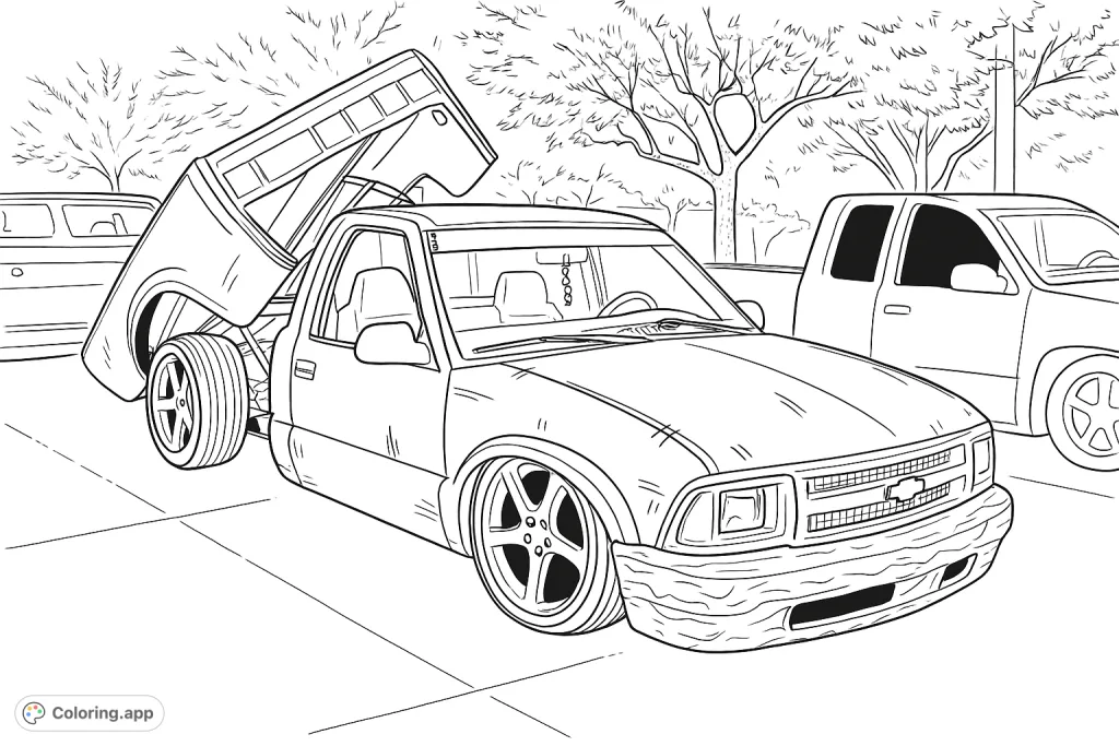 A unique custom pickup truck with a raised bed and intricate body details, perfect for car enthusiasts to color and personalize.