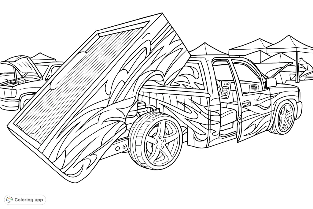 Immerse yourself in the world of custom vehicles with this detailed pickup truck coloring page, featuring an elevated bed and intricate body art.