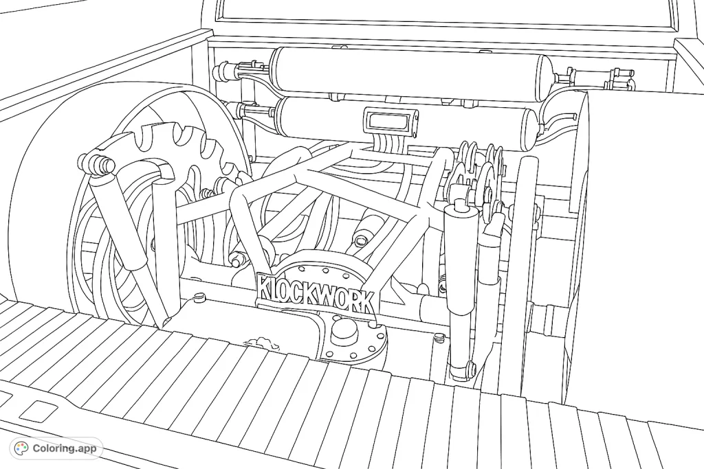 Explore the intricate mechanics of a custom truck suspension system. A detailed coloring page for automotive enthusiasts and those who love complex designs.