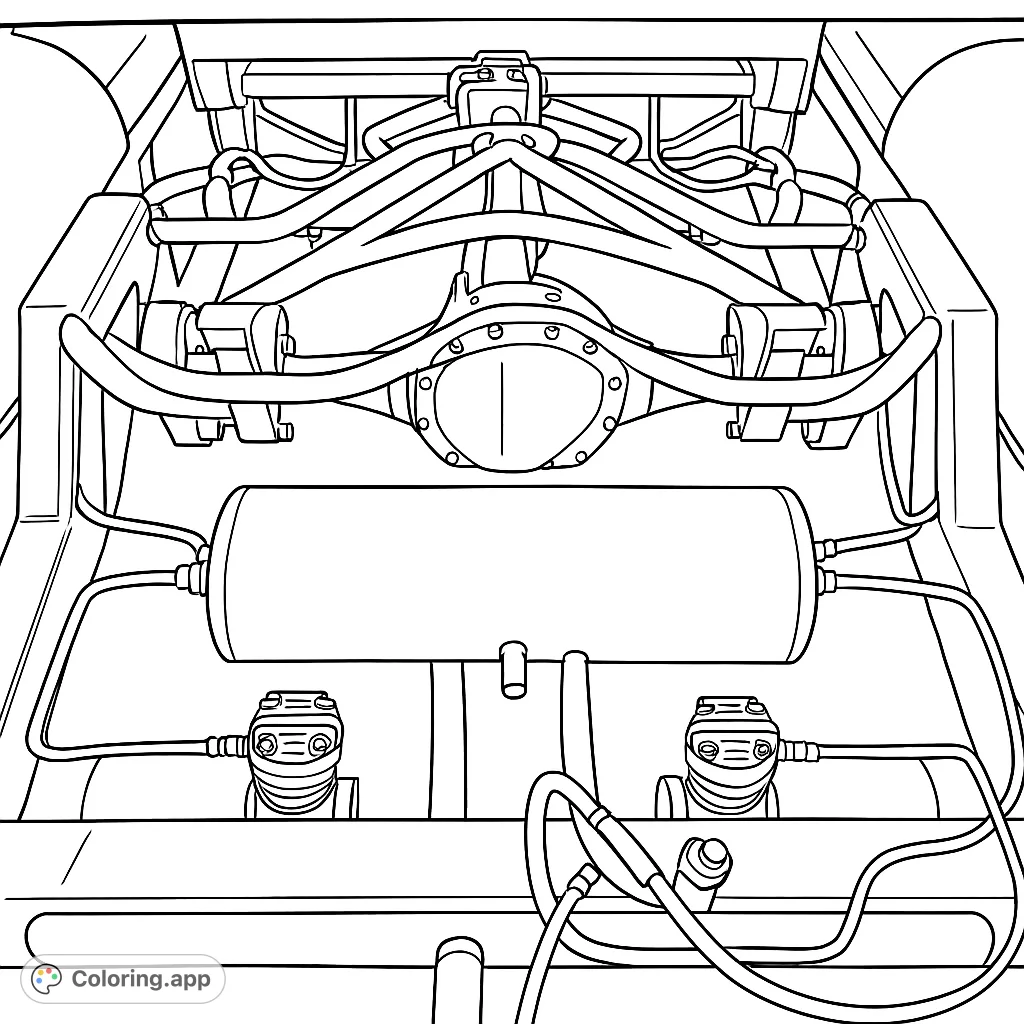 Explore the intricate mechanics of a custom vehicle's undercarriage. This detailed coloring page features suspension components, a differential, and air system elements.