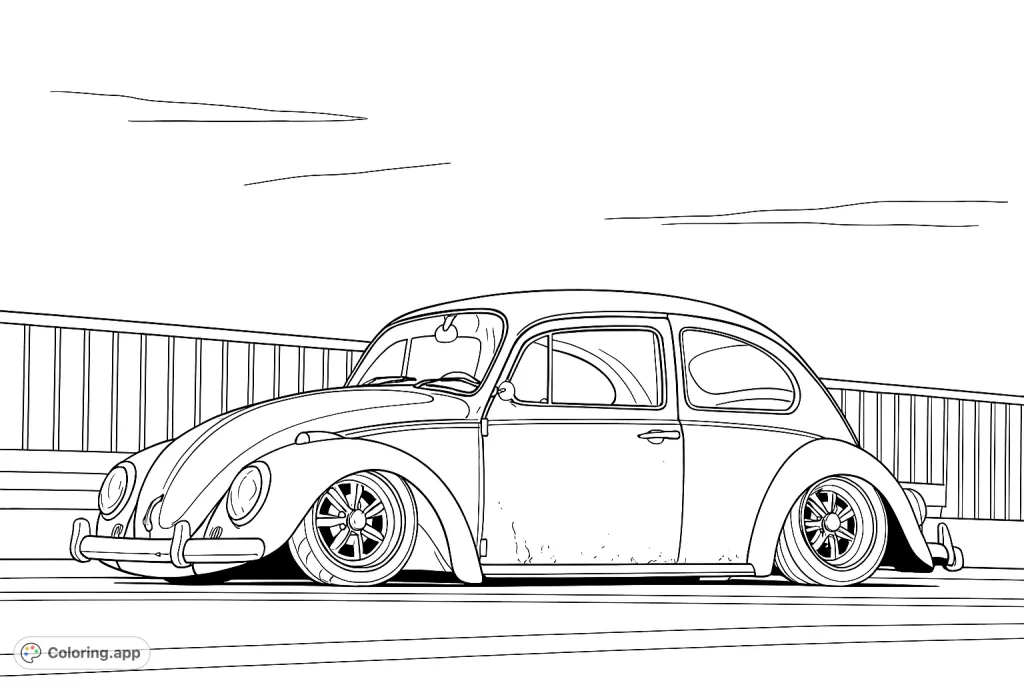 Color a cool vintage car with a lowered stance, featuring classic lines and custom wheels, set against an open sky. A free printable classic car coloring page.