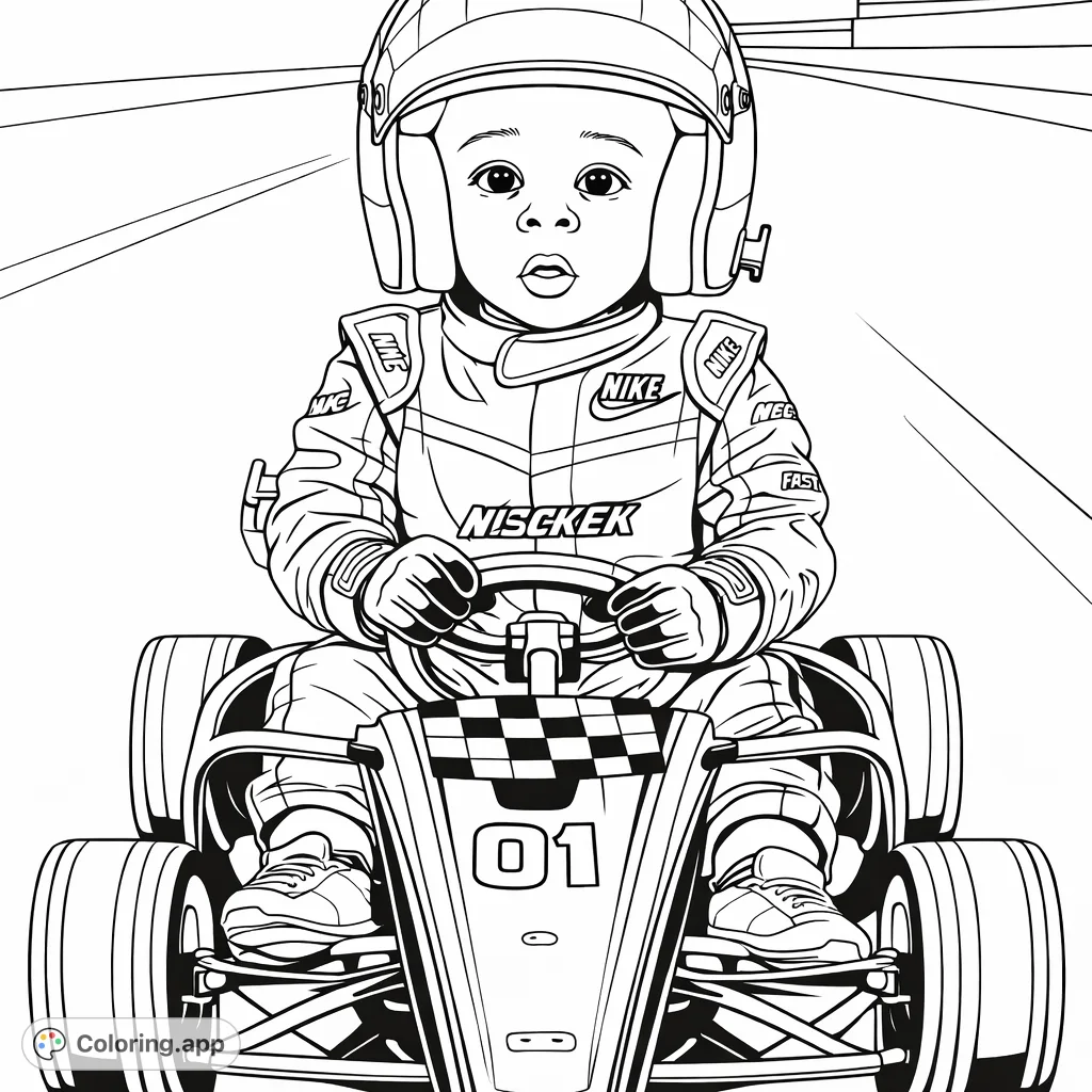A cute child in a racing helmet and suit, ready to speed down the track in a go-kart, perfect for aspiring young drivers and racing enthusiasts.